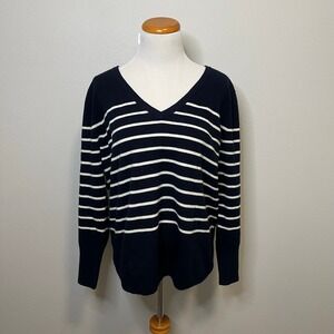Pure Collection 100% Cashmere Sweater Striped V Neck Navy Blue White Women 8/10
